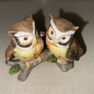 Vintage Lefton‎ Hand Painted Pair Of Owls Sitting On A Branch Figurine #753